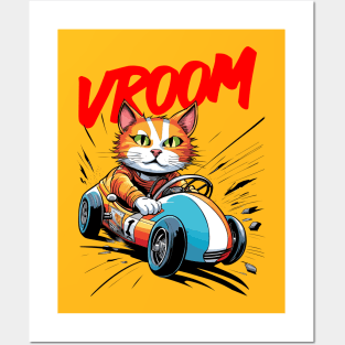 cute cat in racing car Posters and Art